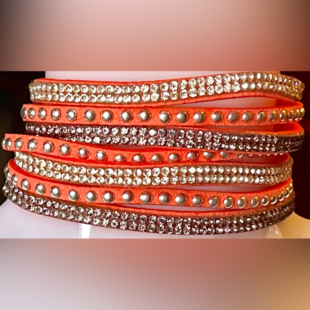 Sparkling Vintage Orange Rhinestone Leather Bracelet